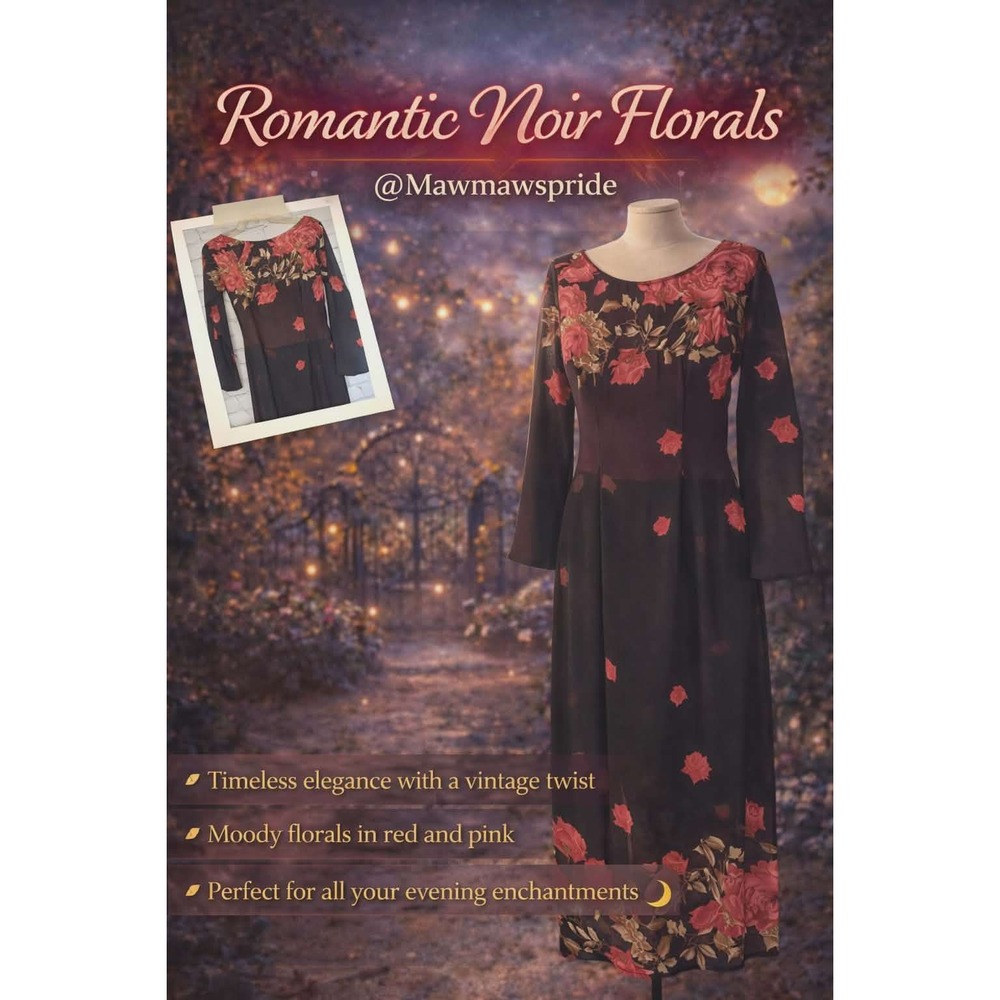 Vintage Style Romantic Noir Floral Maxi Dress Red Pink Roses Sheer Overlay Small